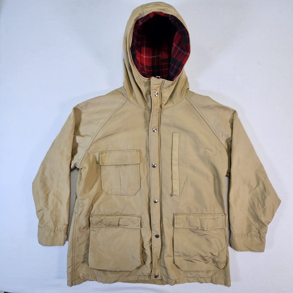Woolrich  Jacket  Mens Womans Medium Tan Plaid Lined Hooded Parka‎ 70s